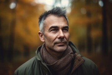 Portrait of a handsome middle-aged man in the autumn forest