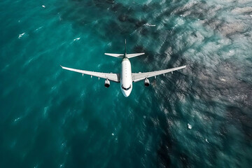 Fototapeta premium Top View Close Up of Airplane Flying over the Sea