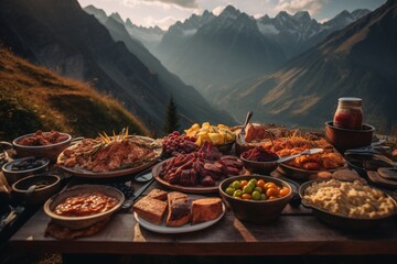 A BBQ buffet by the mountains (generative AI)