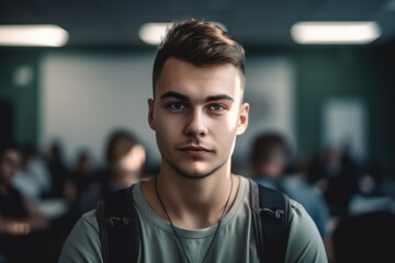 Portrait of handsome young man looking at camera while standing in conference hall