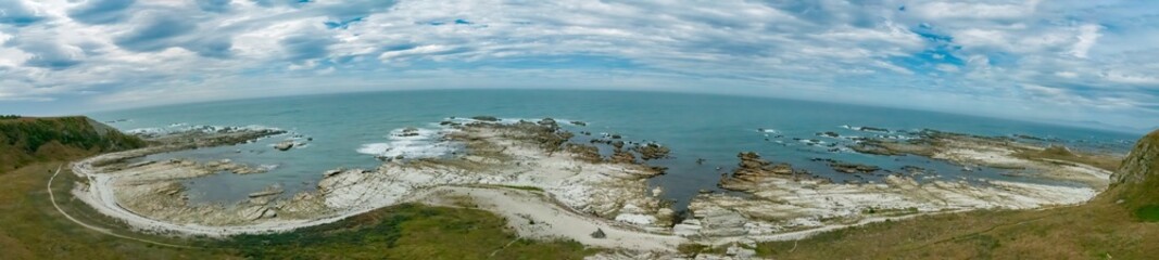 Spectacular coastal landscapes in Kaikoura on the east coast of the South Island of New Zealand. The rocky shores was created by an earthquake uplift in 2016
