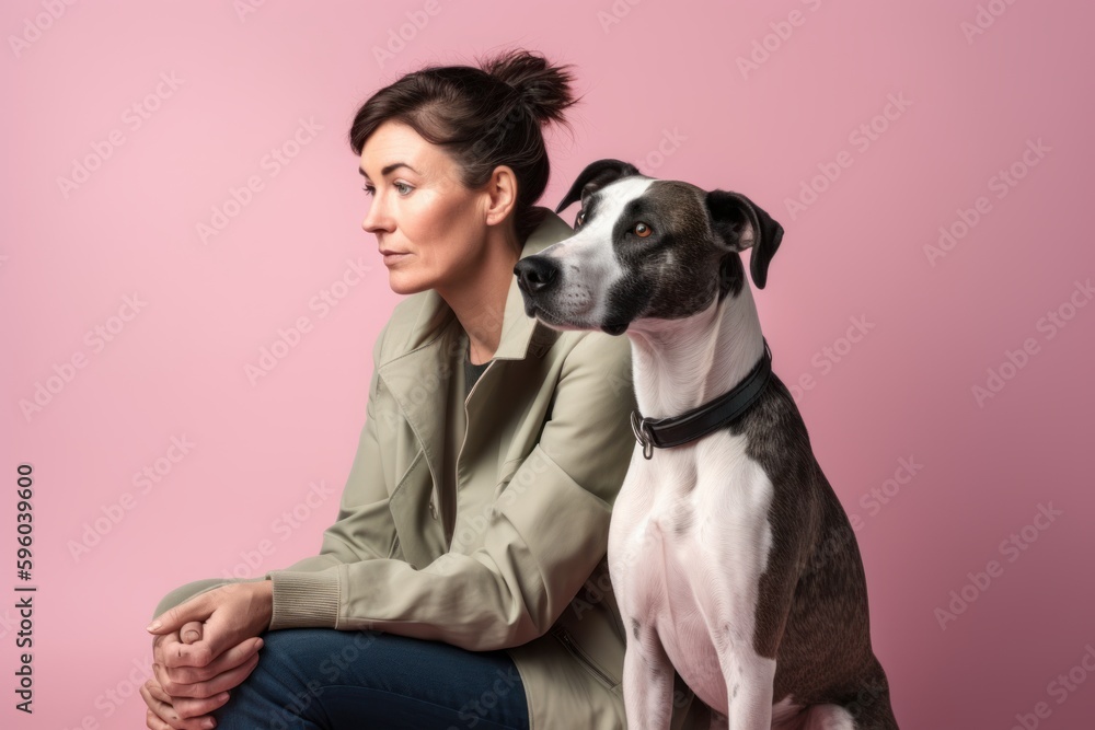 Sticker Portrait of a beautiful woman with a dog on a pink background