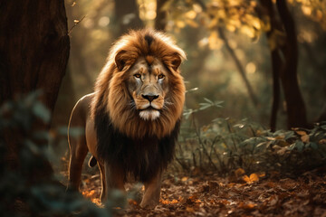 Naklejka na ściany i meble Majestic lion standing still in the forest. created with Generative AI