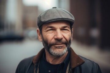 Portrait of a senior man with gray beard and cap in the city