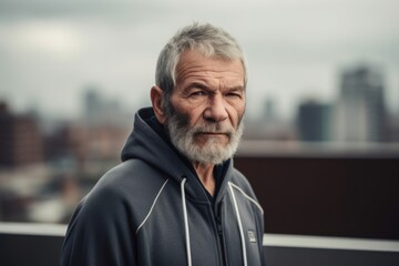 Lifestyle portrait photography of a tender man in his 60s wearing a comfortable tracksuit against a cityscape background. Generative AI