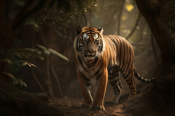 Fototapeta na wymiar Majestic tiger standing still in the forest. created with Generative AI