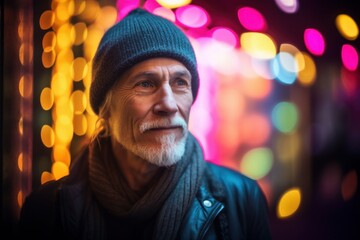 Environmental portrait photography of a pleased man in his 50s wearing a warm beanie or knit hat against neon lights background. Generative AI