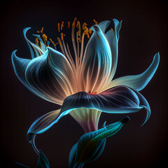 Lily flower. Shining magical neon flower isolated on a black background.
