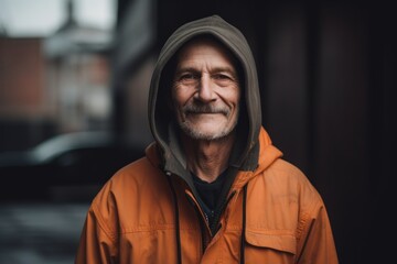Obraz premium Portrait of an elderly man in an orange raincoat on the street.