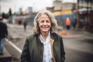 Plakat Lifestyle portrait photography of a grinning woman in her 50s wearing a classic blazer against a construction site or work zone background. Generative AI