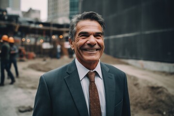 Portrait of senior businessman standing in construction site and smiling at camera