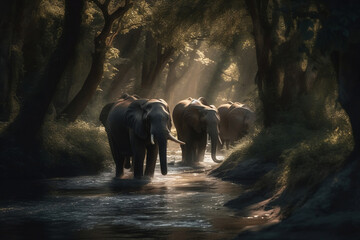 Fototapeta na wymiar Elephants in Serene Forest Stream in their Natural Habitat. created with Generative AI