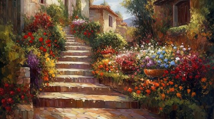 illustration of stairway step in luxury garden full of flowers blossom in spring time, idea for home wall decor, Generative Ai