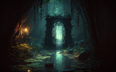 mystic dungeon entrance, swamp, AI - obrazy, fototapety, plakaty