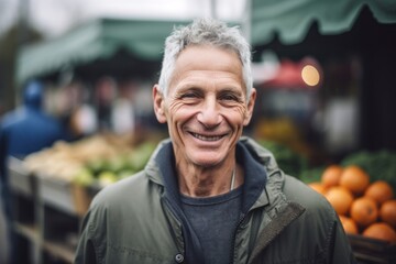 Portrait of smiling senior man standing at market stall and looking at camera
