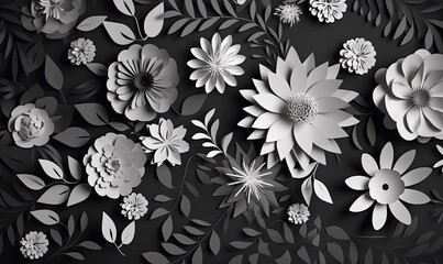 Black and white flowers paper background pattern lovely style, generative AI