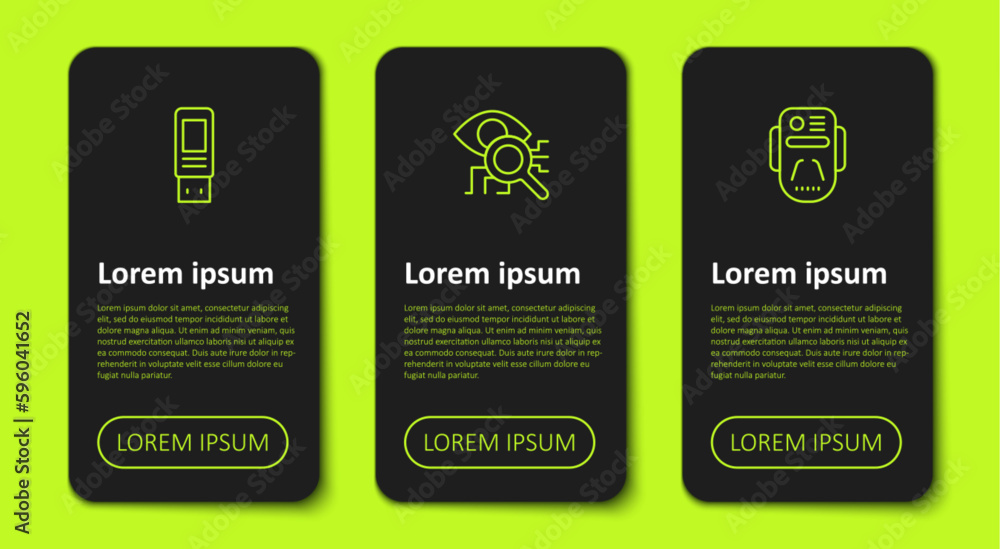 Poster set line usb flash drive, eye scan and artificial intelligence robot. business infographic template.