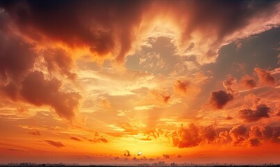 Bright orange sky and light of the sun, Sky background on sunset, Nature composition, Panoramic sunset sky background, generative AI