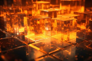 3D render of translucent cubes in orange and yellow, in a futuristic tech wallpaper. Generative AI