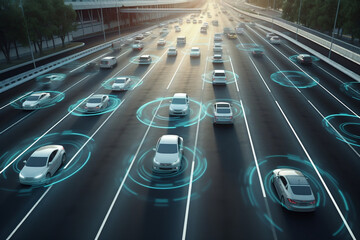 Autonomous vehicles on highway with self driving cars sensing environment by radar and operating safely on speedway thanks to artificial intelligence and control systems, automated transport concept