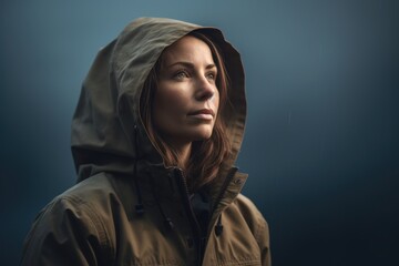 Medium shot portrait photography of a tender woman in her 30s wearing a warm parka against a dramatic stormy sky background. Generative AI