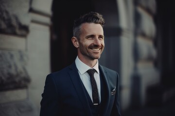 Fototapeta premium Cheerful businessman looking at camera and smiling while standing on street