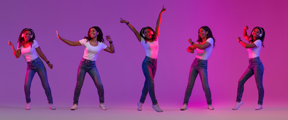 Creative Collage With Happy Black Woman Dancing In Neon Light