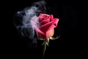 Fototapeta na wymiar Pink rose emits smoke on black background with a red rose in the center. Generative AI