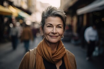 Portrait of a senior woman in a city street. Smiling woman.