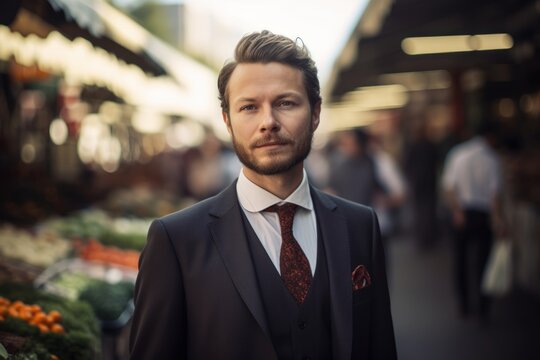 Portrait of a handsome young man in a black suit on the background of a market.