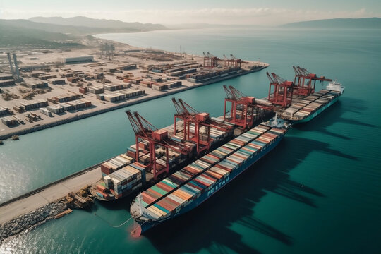 Container port with large ship being loaded and unloaded with gantry crane. International shipment and global freight transport and commerce. Aerial view of cargo harbor wharf