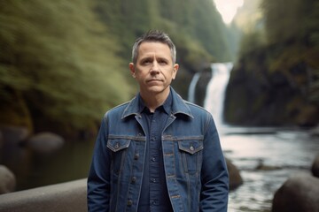 Handsome middle-aged man in jeans jacket standing by the waterfall.