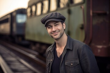 Portrait of a handsome young man standing in front of a train