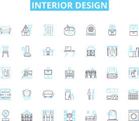 Interior design linear icons set. Aesthetics, Architecture, Color, Comfort, Contrast, Creativity, Decor line vector and concept signs. Design,Elegance,Ergonomic outline illustrations