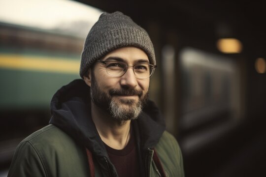 Portrait of a handsome bearded man wearing glasses and a hat standing at the train station