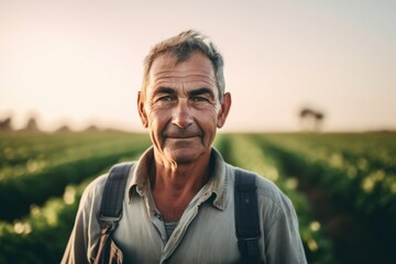 Portrait of senior farmer standing in field at sunset, looking at camera