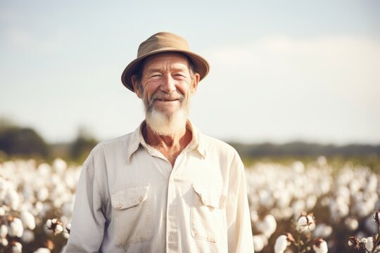 Portrait of senior man standing in cotton field and smiling at camera