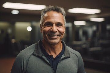 Portrait of mature man smiling at camera while standing in fitness center
