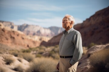 Naklejka premium Photography in the style of pensive portraiture of a satisfied man in his 70s wearing a smart pair of trousers against a canyon or desert landscape background. Generative AI