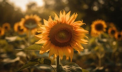 Close up of blooming sunflower in the field with blurred nature background, generative AI
