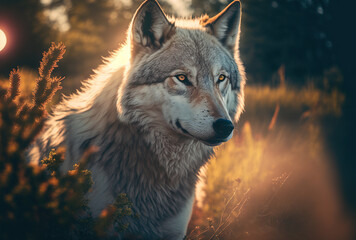Wild wolf on the background of nature. Created with Generative AI technology. wilderness