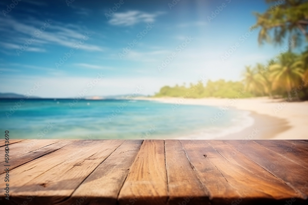 Wall mural Empty wooden table on a beautiful blured tropical beach background. Summer holiday background for product display