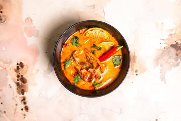 spicy tom yam soup with hot pepper and seafood top view