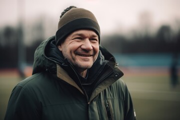 Handsome middle-aged man in a warm jacket and hat smiling at the camera while standing on a sports field