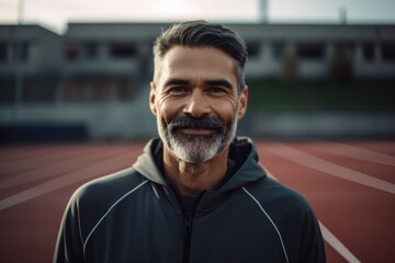 Portrait of smiling middle-aged sportsman standing on athletic stadium