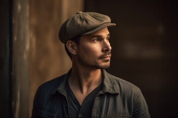 Obraz premium Portrait of a handsome man in a cap on a dark background
