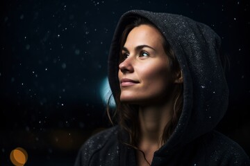 Portrait of a beautiful young woman in a hood on a dark background