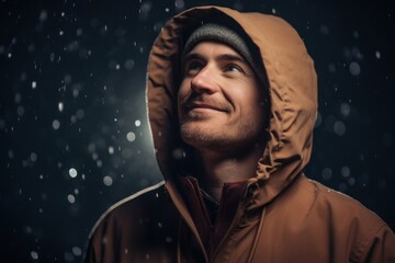 Young man in a raincoat on a dark background with snowfall