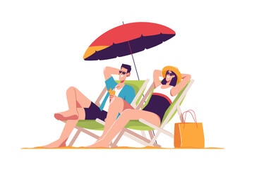 Happye couple relaxing while sitting in lounge deck chair at the beach under umbrella. Vector illustration
