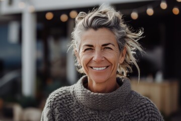 Portrait of smiling mature woman in sweater looking at camera in cafe